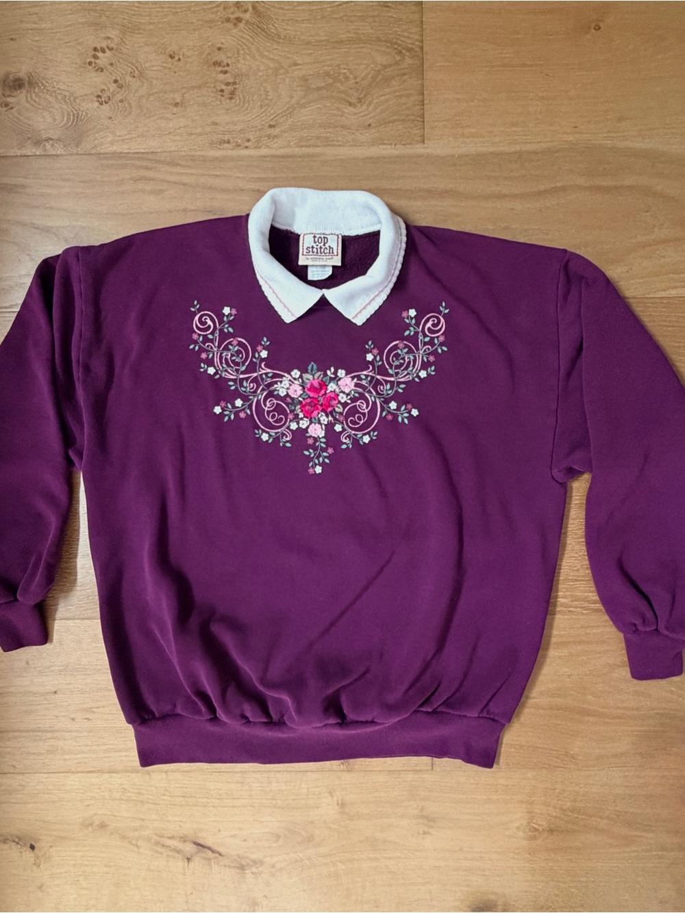 VTG 90s Top Stitch Double Collar Floral Cottage Embroidered Sweatshirt Purple XL